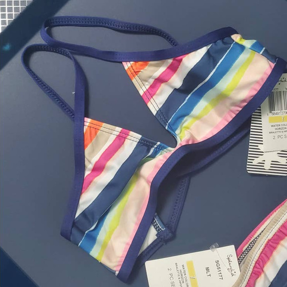 Splendid Water Color Horizon Bralette & Hipster Bikini Swim Set SG51177 Girl 7 - Picture 6 of 11